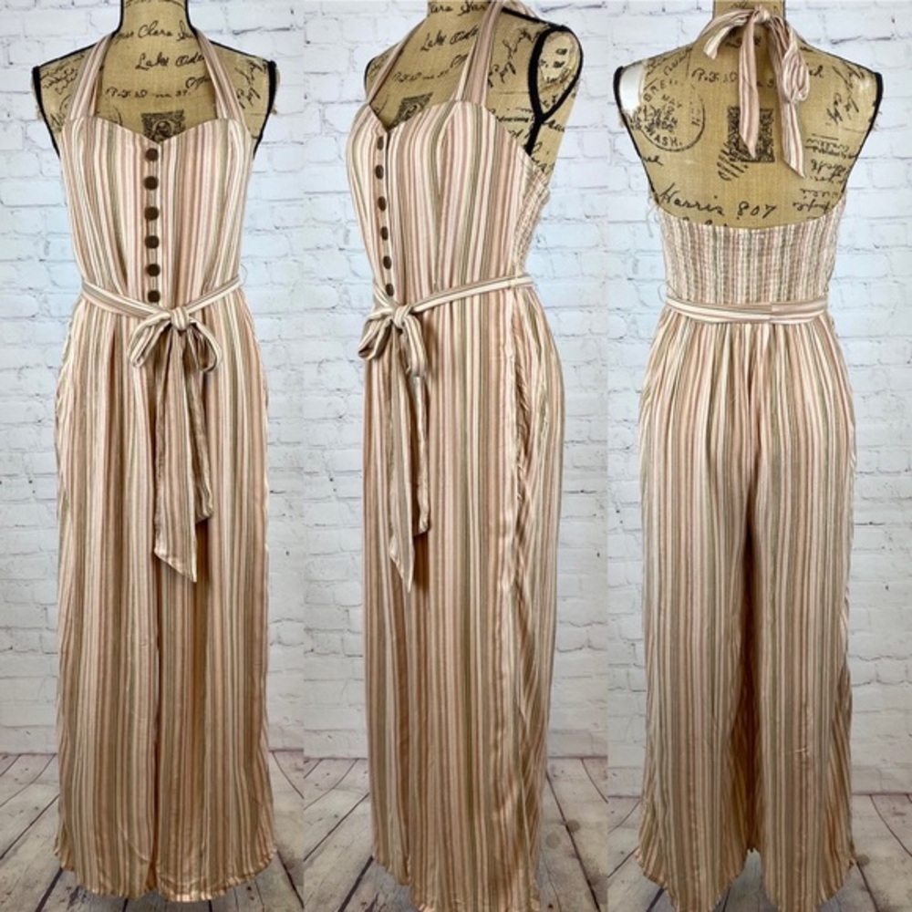 American Eagle Earthtone Striped Halter Style Wide Leg Jumpsuit